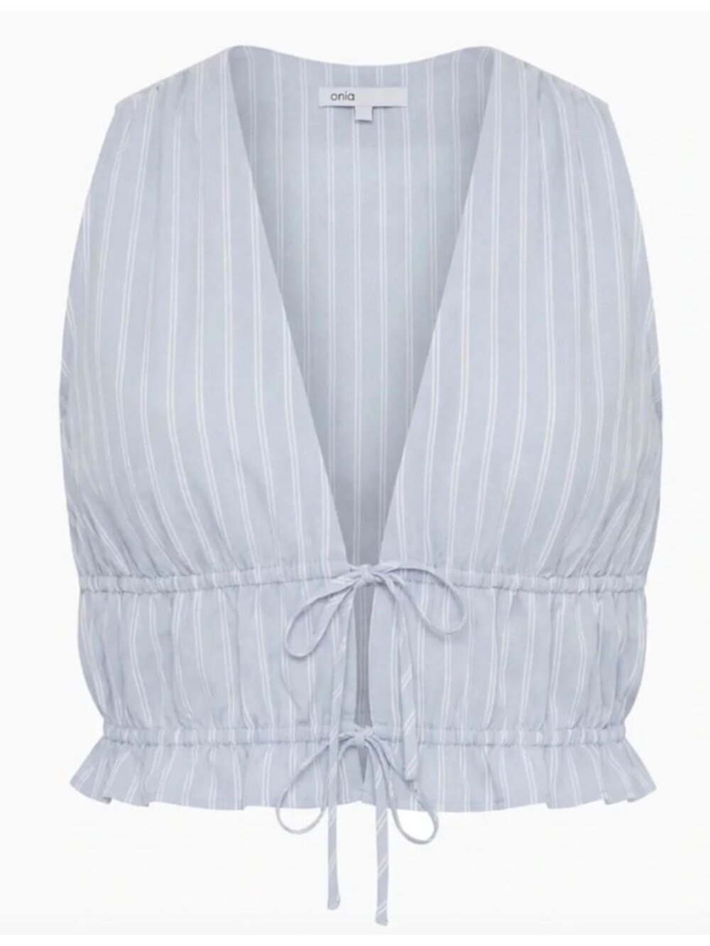 NWT ONIA Tie Front Top Pinstripe Linen Paperbag Light Sky Blue Size Medium